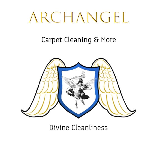 Logo for "Archangel Carpet Cleaning & More" featuring a blue and white shield with angel wings and a sketch of an angel in the center. The tagline "Divine Cleanliness" appears below, emphasizing trusted carpet cleaning Houston County, TX.