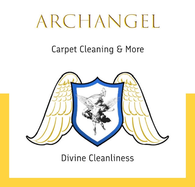 Logo for Archangel Carpet Cleaning & More. Features a blue shield with angel wings and an angel illustration, highlighting carpet cleaning Houston County, TX. Text reads “Carpet Cleaning & More” above and “Divine Cleanliness.” below.