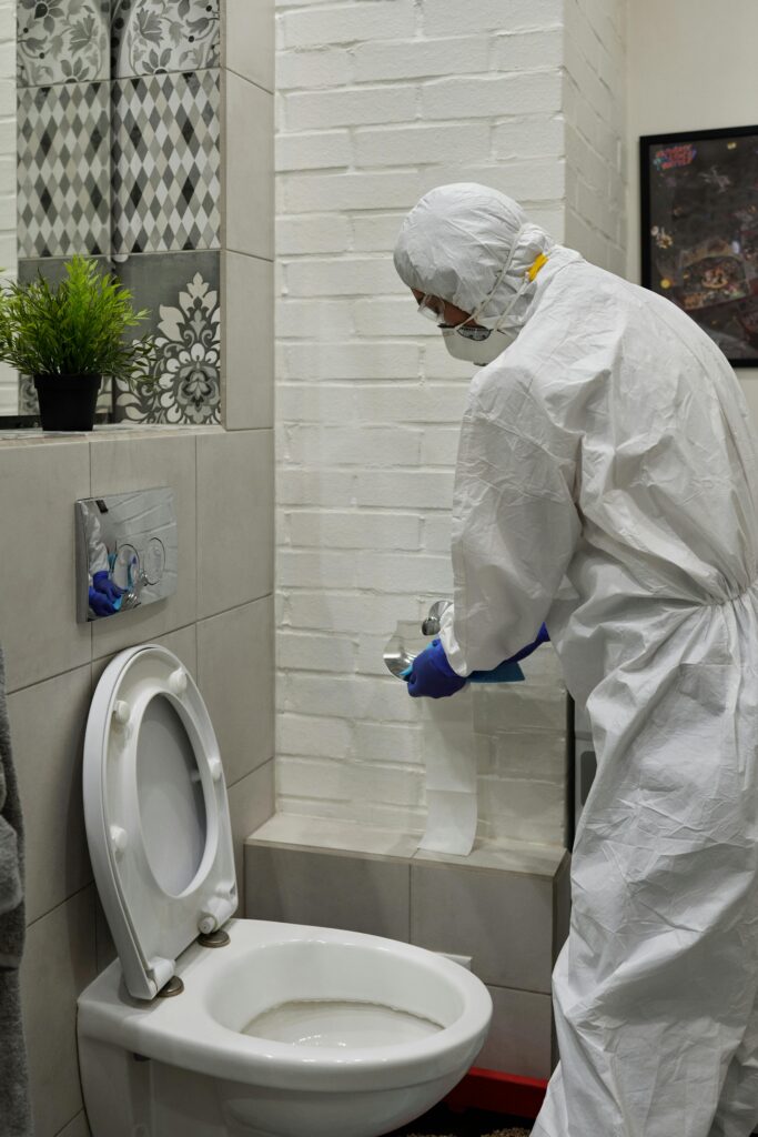 A person in full protective gear, including gloves and a suit, replaces a toilet paper roll in a modern bathroom with white tiles and a raised toilet seat—showcasing the high hygiene standards found with top carpet cleaning Houston County, TX services.